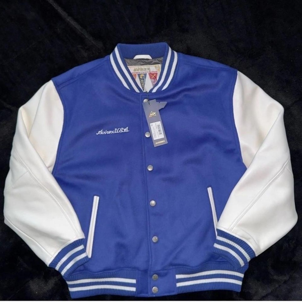 Avirex Leather Sleeve Varsity Jacket Coat Mazarine Marine Blue Men Size XX-Large